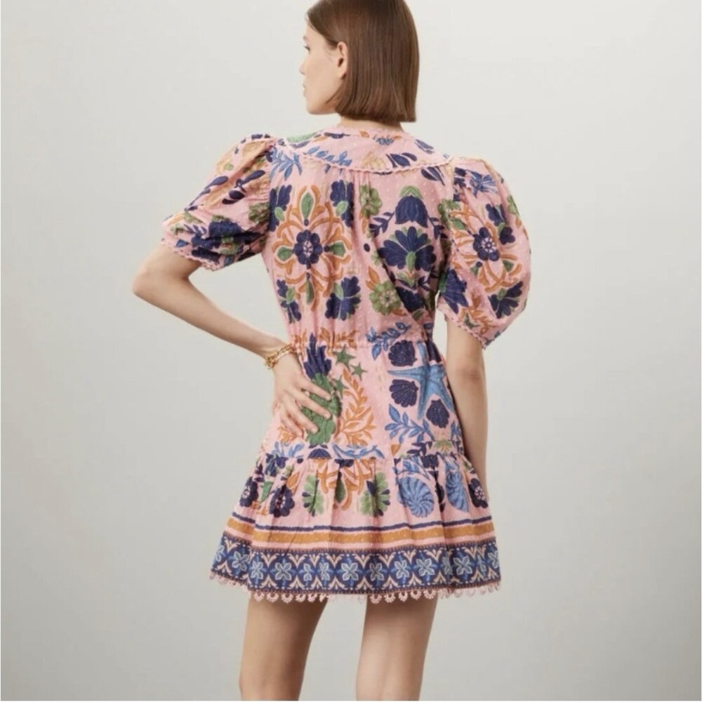 FARM RIO Seashell Tapestry Mini Dress Organic Cotton Puff Sleeves Tassel Sz L - Picture 2 of 9